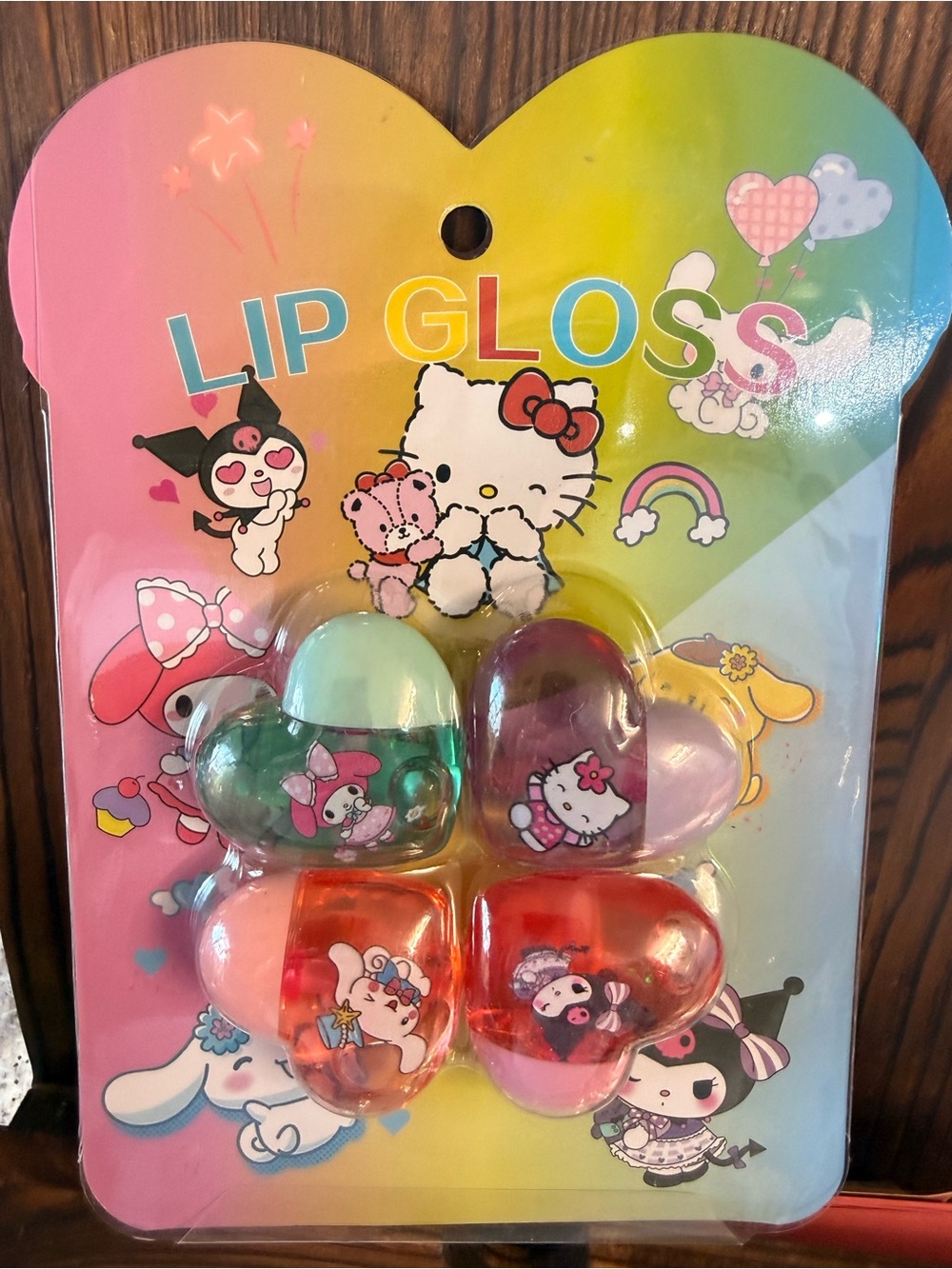 Kids Heart-Shaped Lip Gloss Set - Pink, Red, Green, Purple - Cute Character Pack